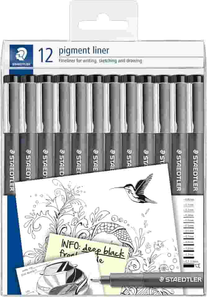 STAEDTLER Caneta Nankin Pigment Liner 12 Unidades Preto - 308-9 TB12 - Pontas Variadas: 0.05, 0.1, 0.2, 0.3, 0.4, 0.5, 0.6, 0.7, 0.8, 1.0, 1.2 e 0.3-2.0mm - Fineliner Permanente com Tinta Pigmentada
