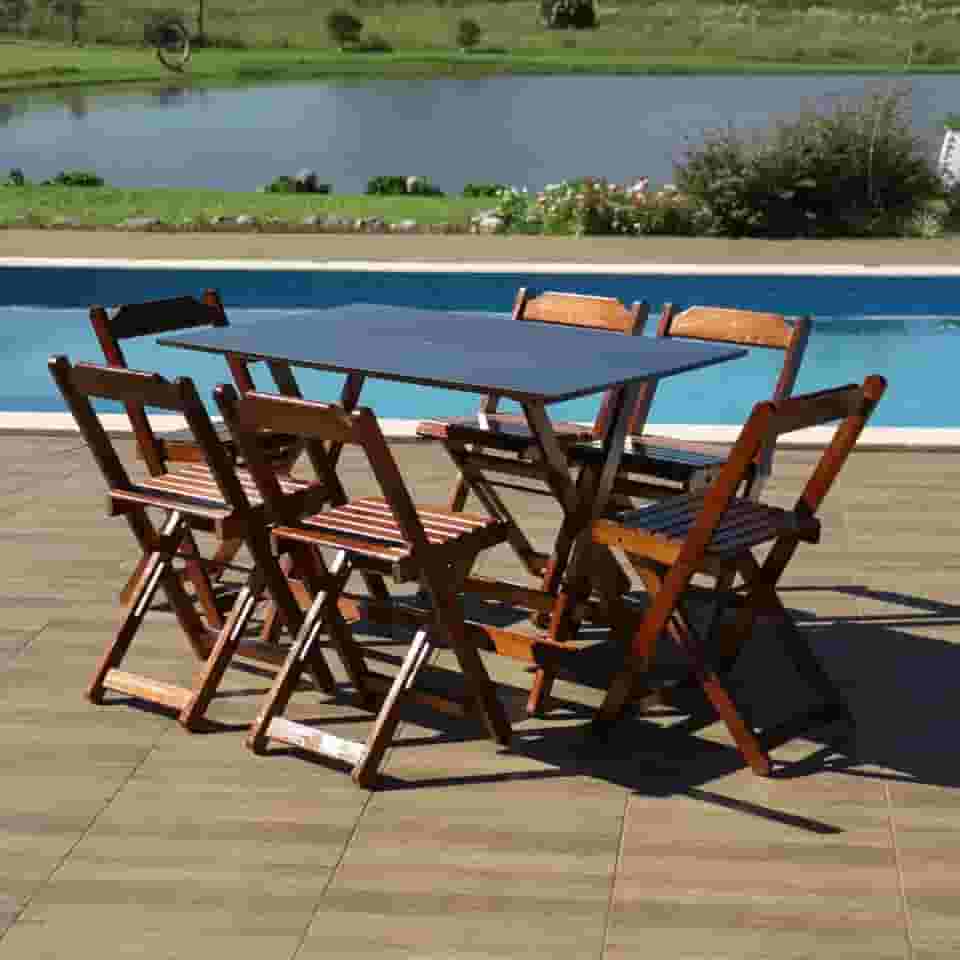 Jogo de Mesa 120x70 com 6 Cadeiras Dobráveis de Madeira Imbuia - Móveis Britz