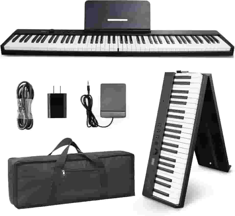 AiJoy Teclado de piano de 88 teclas ASP-10F elétrico portátil dobrável com teclado semipesado, suporte de música, pedal de sustentação, bolsa, teclado de música MIDI USB para iniciantes, preto