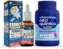 Kit Nutrição Infantil Completa – Ferrix Ferro Infantil 30 ml + Vitamina Kids Neo Química 60 Cápsulas – Suporte ao Crescimento e Imunidade – Sabor Morango