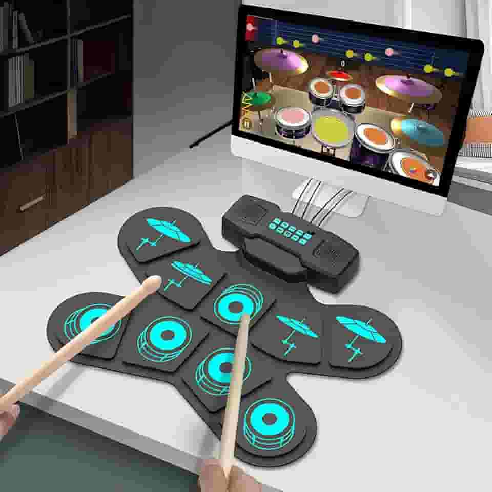 Conjunto de bateria eletrônica, conjunto de bateria elétrica enrolável com 9 blocos, kit de bateria para prática com conector de fone de ouvido, alto-falante integrado, pedais de bateria digital