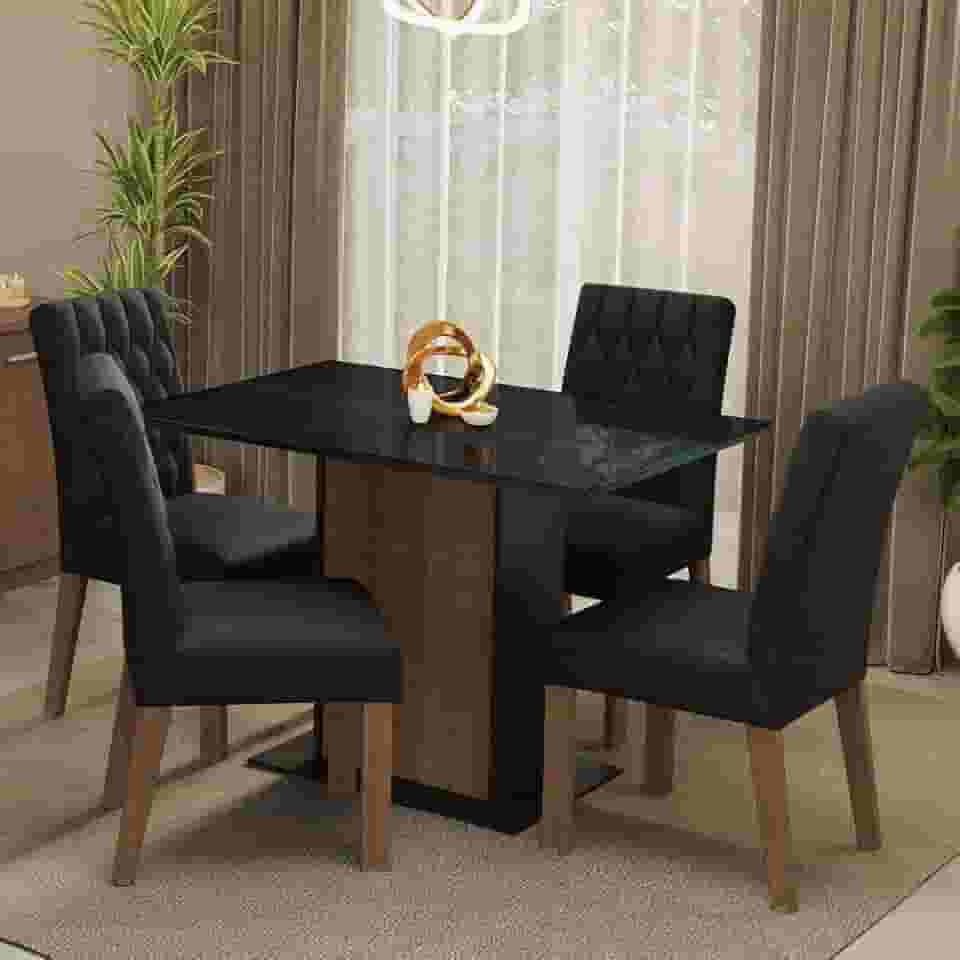 Conjunto Sala de Jantar Mesa Tampo de Vidro 4 Cadeiras Rustic/preto/oxford Reale Madesa