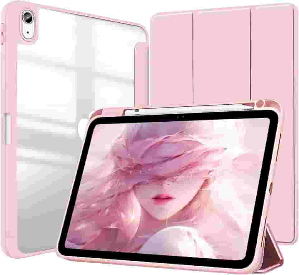 Capa para iPad (A16) 11ª/10ª Geração (2025/2022) 10.9 Polegadas Capinha Protetora Fina Traseira Transparente Proteção com Suporte para Lápis Completa Anti-Impacto Auto Sleep Tampa Magnética - Rosa