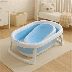 PIPDIP Kit Banheira Portátil Dobrável para bebê, Modelo 2 em 1, Com Encosto, Capacidade de até 44 Litros, Portátil, Plástico e Borracha, Branco e Azul.