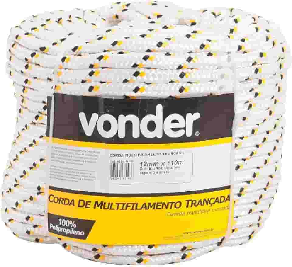 Vonder, Corda Multifilamento Trançada 8,0 Mm X 50 M, Branca Com Detalhes Em Preto E Amarelo.