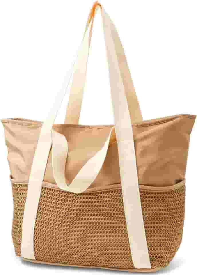 Bolsa de praia dobrável com zíper, bolsa de praia de malha para mulheres, férias, piscina, viagem, academia, natação todos os dias