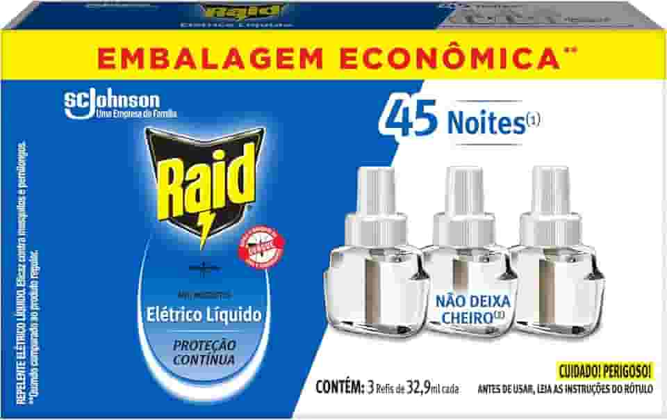 Raid Repelente Eletrico Líquido Refil, Até 45 Noites de Proteção, 3 unidades de 32,9ml
