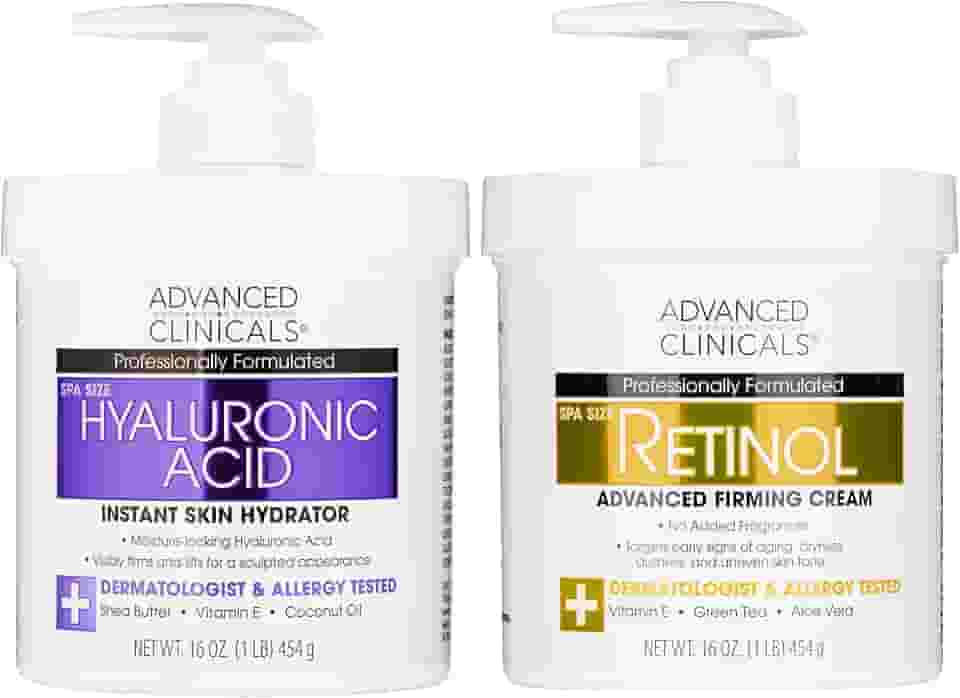 Advanced Clinicals Creme de Retinol + Loção de Ácido Hialurônico Cuidados com A Pele Do Rosto e Corpo. Cremes Antienvelhecimento para Resgate de Pele Seca Reduzem A Aparência de Rugas, Linhas Finas e Flacidez Da Pele, 16 Onças (Pacote com 2)