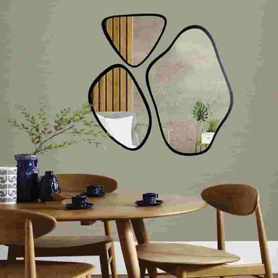 Conjunto de 3 Espelhos Decorativos Orgânicos, Design em Madeira, 30x24cm, 40x30cm MODERNO SALA QUARTO BANHEIRO LOJA SALÃO DE BELEZA