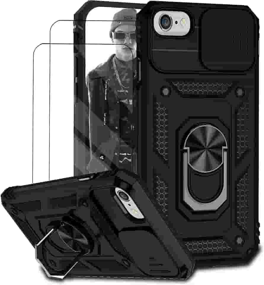 Capa para iPhone 6 Plus e 7 Plus e 8 Plus Capinha | com 2 peças de protetor de tela temperado com janela deslizante da câmera e suporte para telefone incluídos - Preto