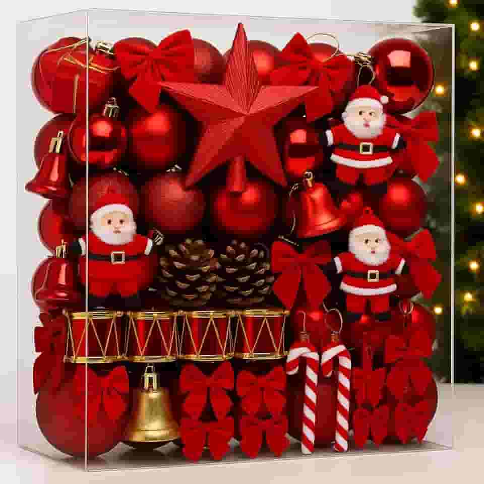 Kit 70 Enfeites de Natal para Árvore de Natal Bolas Vermelhas, Laços, Ponteira Estrela, Pinhas, Sinos, Presentes e Pendentes – Decoração Natalina Completa