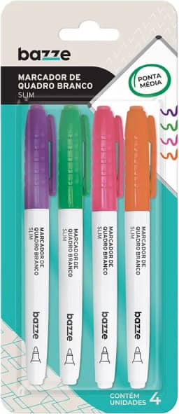 Marcador de Quadro Branco Bazze Slim Color Cartela 4 Unidades