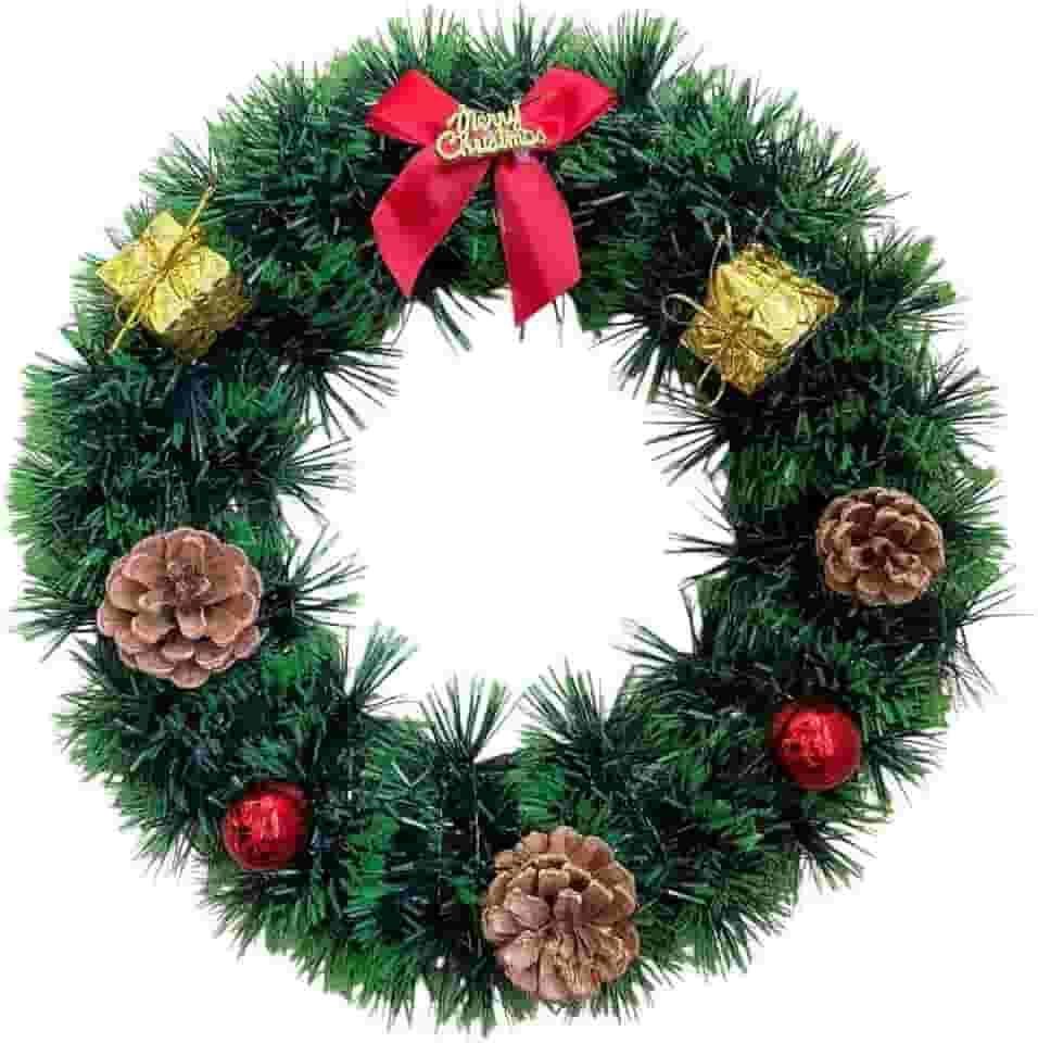 Guirlanda de Natal Verde com Pinhas, Bolas Vermelhas e Laço “Merry Christmas” – Enfeite Natalino Clássico para Porta e Janela – Decoração Tradicional para Entrada da Casa (30cm)