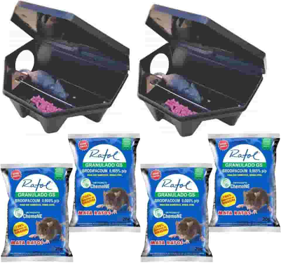 kit Eficiente Eliminar Ratos Ratol, 2 Porta iscas com 4 Saches