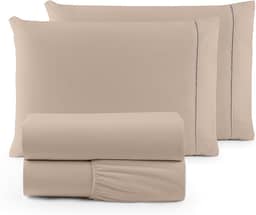 Jogo de Lençol SOLTEIRO 3 Peças 400 Fios Lençol de Cima Ponto Palito Toque de Pessego Lençol com Elastico e Com Fronha (CAQUI, SOLTEIRO 3 PEÇAS)