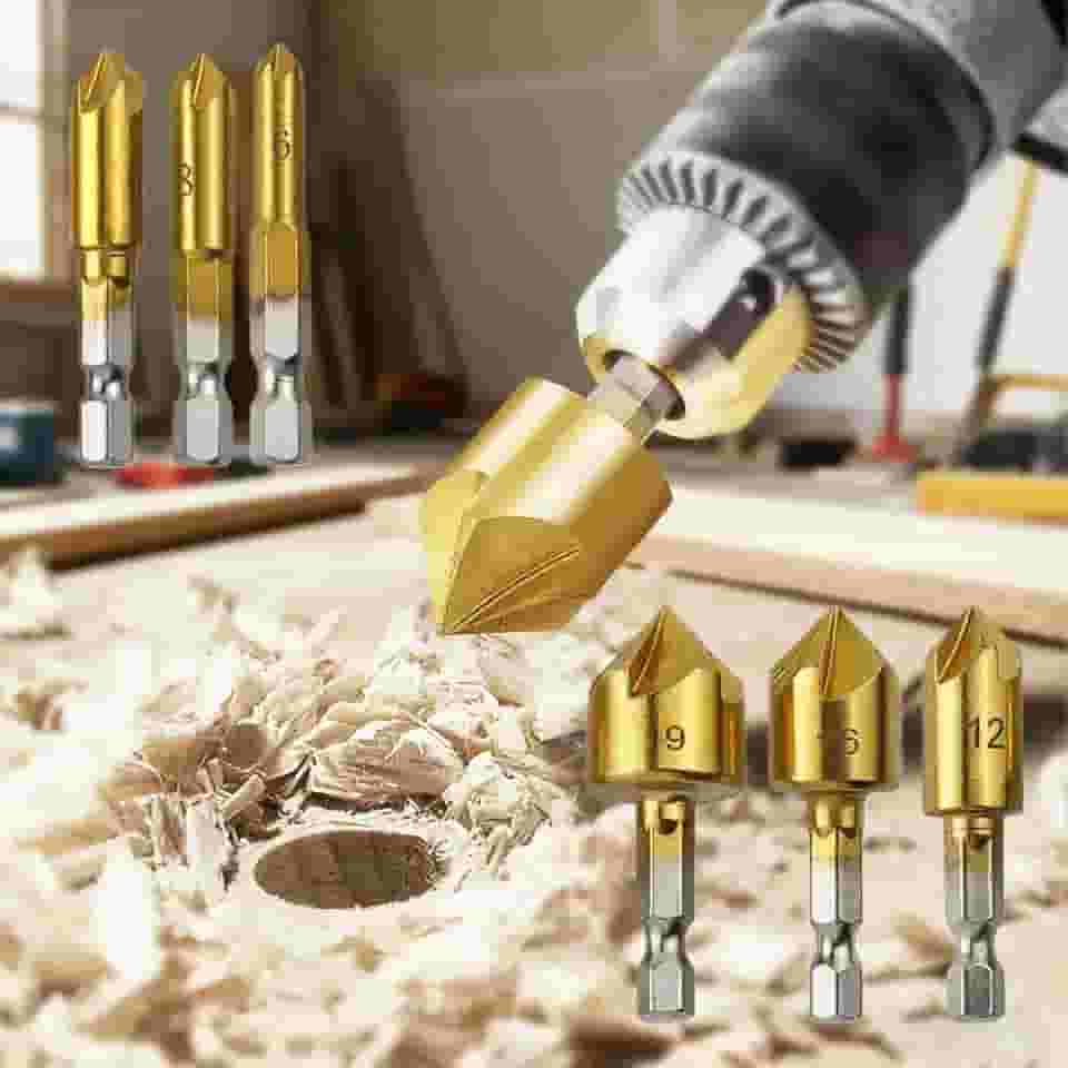 Conjunto de 6 brocas escareadoras, kit de ferramentas de chanfro de 5 flautas de haste sextavada de 1/10.2 cm, brocas de ângulo de 90 graus para marcenaria, compatível com sistema de troca rápida de 6