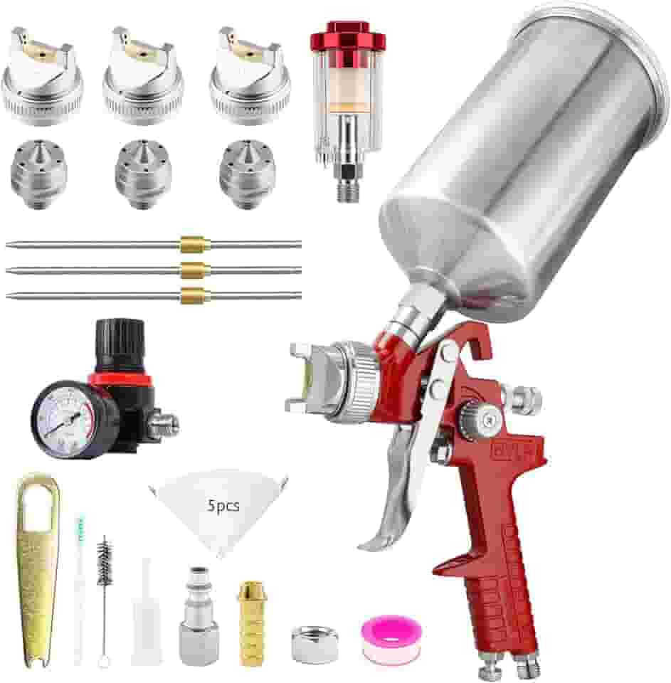 RRJ Pistola de tinta spray HVLP com regulador de ar, bocais de 1,4/1,7/2,5 mm, copo de 1000cc, pistola de pintura automotiva, pistola de pintura para pintura doméstica, móveis, cerca