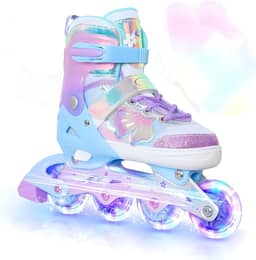 Patins Infantil Cano Alto, 8 Rodas Iluminadas com LED e 4 Tamanhos Ajustáveis, Patins Quad com Bolsa de Armazenamento, patins de fileira dupla para meninas