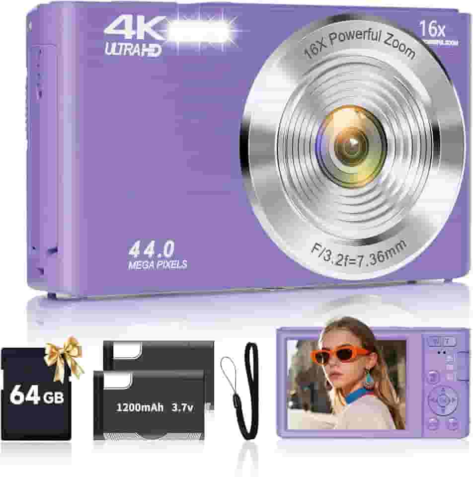 SMARTKLIK Câmera Digital Roxa FHD 4K 44MP com Cartão SD de 64 GB, Zoom Digital de 16x, Câmera para Adolescentes e Crianças