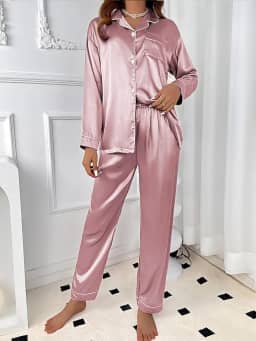 Conjunto de pijama de cetim feminino, 2 peças, com blusa de manga comprida e calça de seda, roupa de dormir para viagem em casa