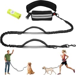 Coleira de cachorro mãos livres, guia de corrida para cães com 2 alças e bolsa, correia elástica de nylon para cães com cinto e alça acolchoada com listras refletivas para corrida, caminhada, corrida