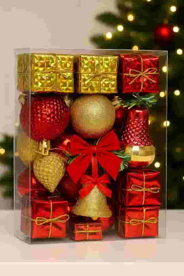 Kit de Enfeites de Natal 60 Enfeites + Pisca LED – Bolas, Caixinhas, Laços e Sinos - SHACK