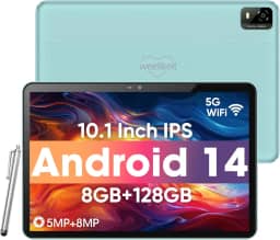 weelikeit Tablet Android, tablet de 10,1 polegadas com tela sensível ao toque HD de 1280 x 800 IPS, 8 GB de RAM + 128 GB de ROM (até 1 TB), bateria de 6000 mAh, Wi-Fi 5 G, Bluetooth 5.0, câmera dupla