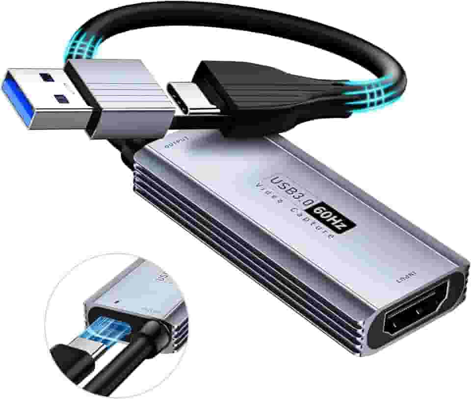 Placa de captura de vídeo USB 3.0 com PD de 100 W - HDMI para USB/USB-C cartão de captura de 1440p 30fps e dispositivo de captura de vídeo 1080p 60fps para transmissão, gravação de jogos,
