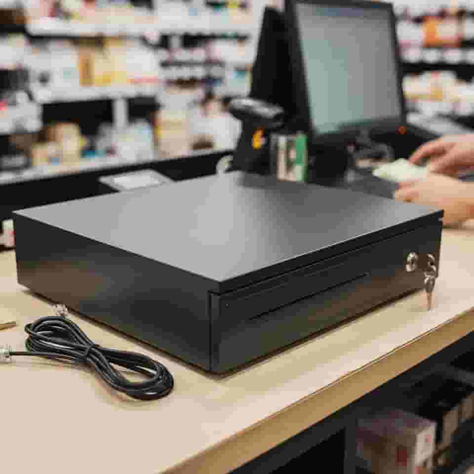 Caixa De Dinheiro Gaveta Registradora Preta Noteiro Moedeiro Abertura Automática e Manual