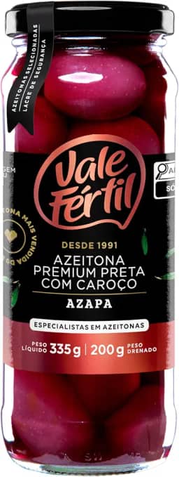 Azeitona Preta em Conserva Azapa com Caroço Vale Fértil Premium Vidro 200g, Pequeno