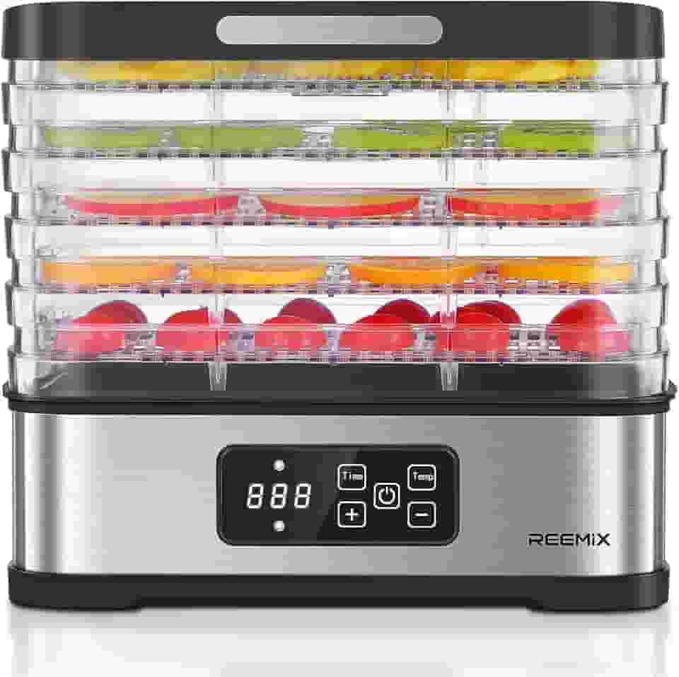 Máquina desidratadora de alimentos, desidratadores compactos Reemix para alimentos e carne secadora, frutas, legumes, secador elétrico desidratado com controle de temperatura, 5 bandejas livres de BPA
