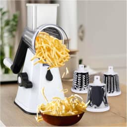 Ralador de Queijo Rotativo com Manivela, Cortador de Legumes Multiuso com 3 Lâminas de Aço Inoxidável e Base Antiderrapante para Queijo, Vegetais, Nozes e Chocolate