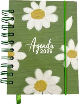 Agenda 2026 Capa Dura Espiral, Estampa Flores Variadas Coloridas, 168 folhas, Com Elástico e Marcador de Página. 14X10 cm. (Verde-branco)