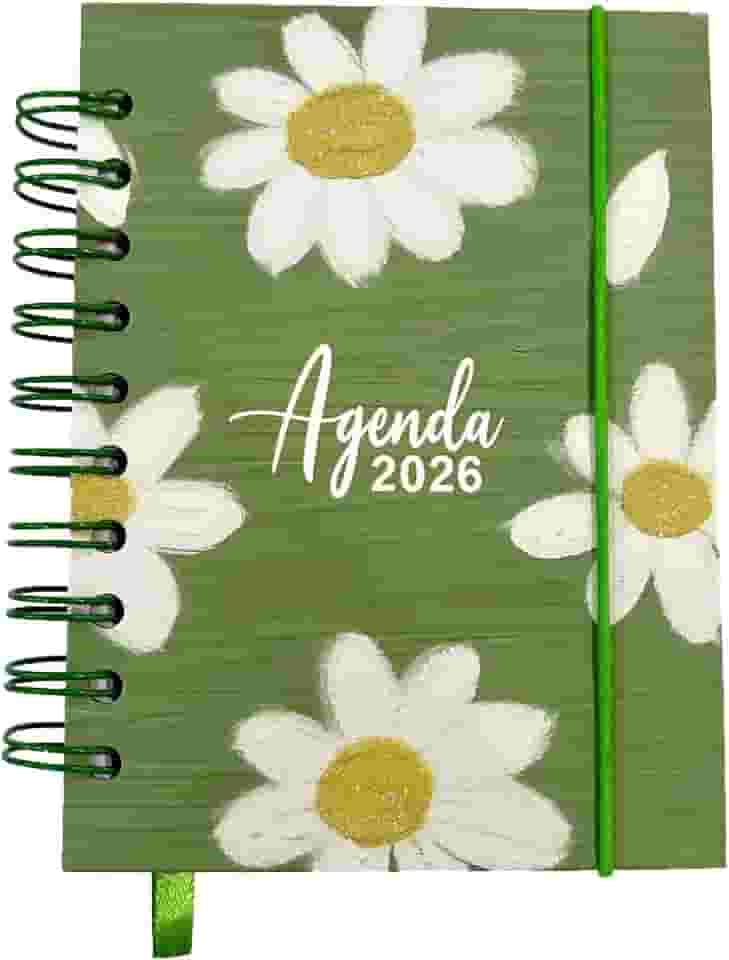 Agenda 2026 Capa Dura Espiral, Estampa Flores Variadas Coloridas, 168 folhas, Com Elástico e Marcador de Página. 14X10 cm. (Verde-branco)