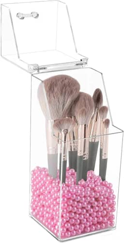 Sooyee Porta-pincéis de maquiagem, organizador de pincéis de maquiagem com pérolas rosa de 8 mm, suporte de pincel de maquiagem à prova de poeira com tampa