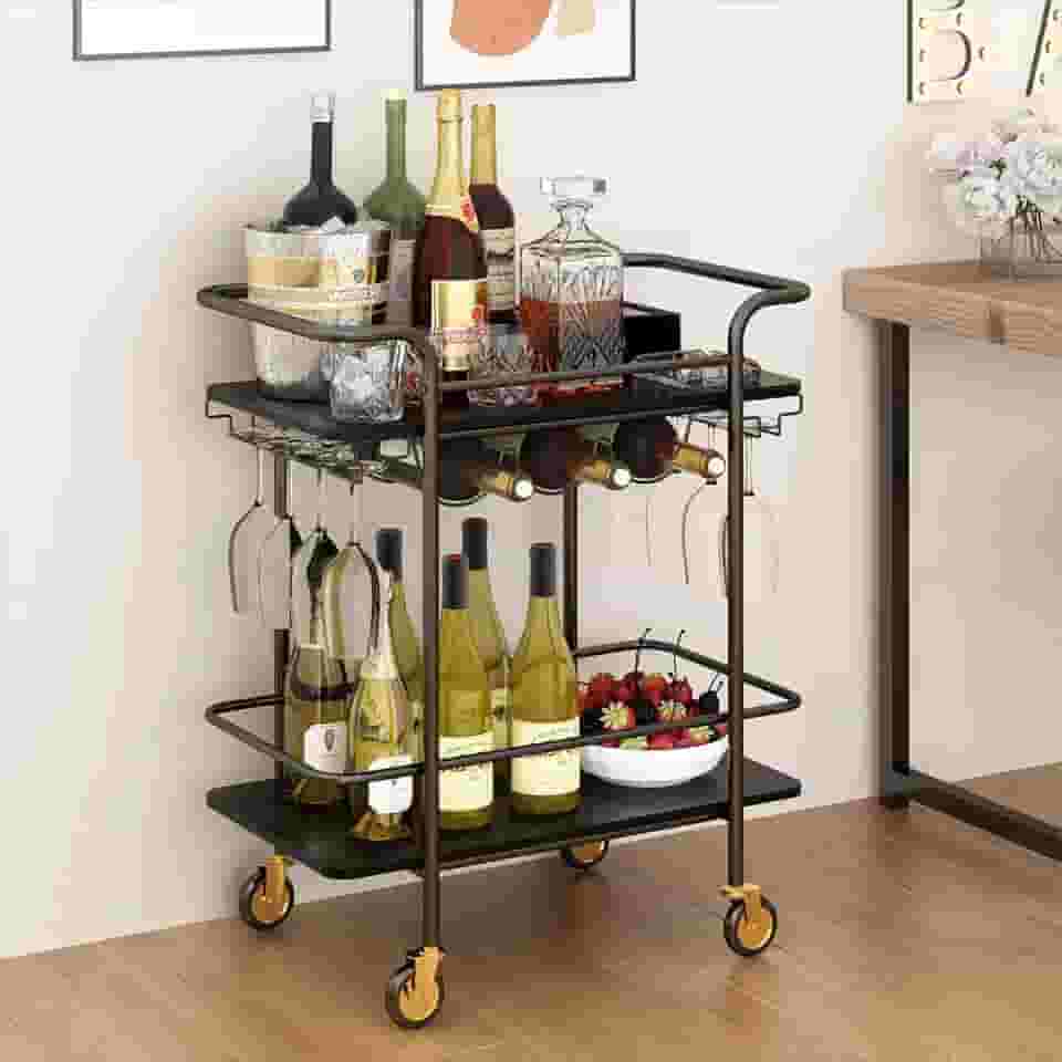 Carrinho de Bar com 2 Níveis, Rack de Vinho e Suporte para Copos, Ideal para Cozinha, Sala de Jantar e Festas,icolor Preto