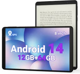 Tablet de 8 polegadas, Android 14 com GPS integrado, E-Reader, 12 GB RAM 64 GB ROM (expansão de 1 TB), câmera de 8 MP, processador de 2,0 GHz, 2,4 GHz e 5 GHz Wi-Fi/BT5.0, tablets N8 com tela FHD para