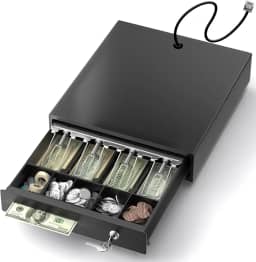 PYY Gaveta de dinheiro – Gaveta de caixa registradora eletrônica com 4 notas e 5 compartimentos para moedas com 2 chaves para trava e bandeja de dinheiro removível, gaveta de dinheiro aberta