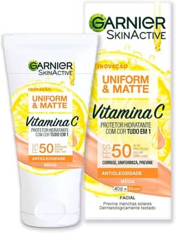 Garnier Uniform & Matte Protetor Solar Hidratante com Vitamina C, FPS 50, Efeito Matte Antioleosidade, Previne Manchas e Corrige o Tom da Pele, Tecnologia Camaleão, Cor Média, 40g