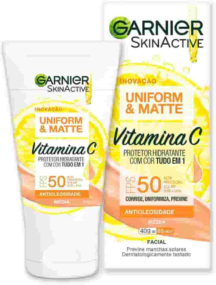 Garnier Uniform & Matte Protetor Solar Hidratante com Vitamina C, FPS 50, Efeito Matte Antioleosidade, Previne Manchas e Corrige o Tom da Pele, Tecnologia Camaleão, Cor Média, 40g
