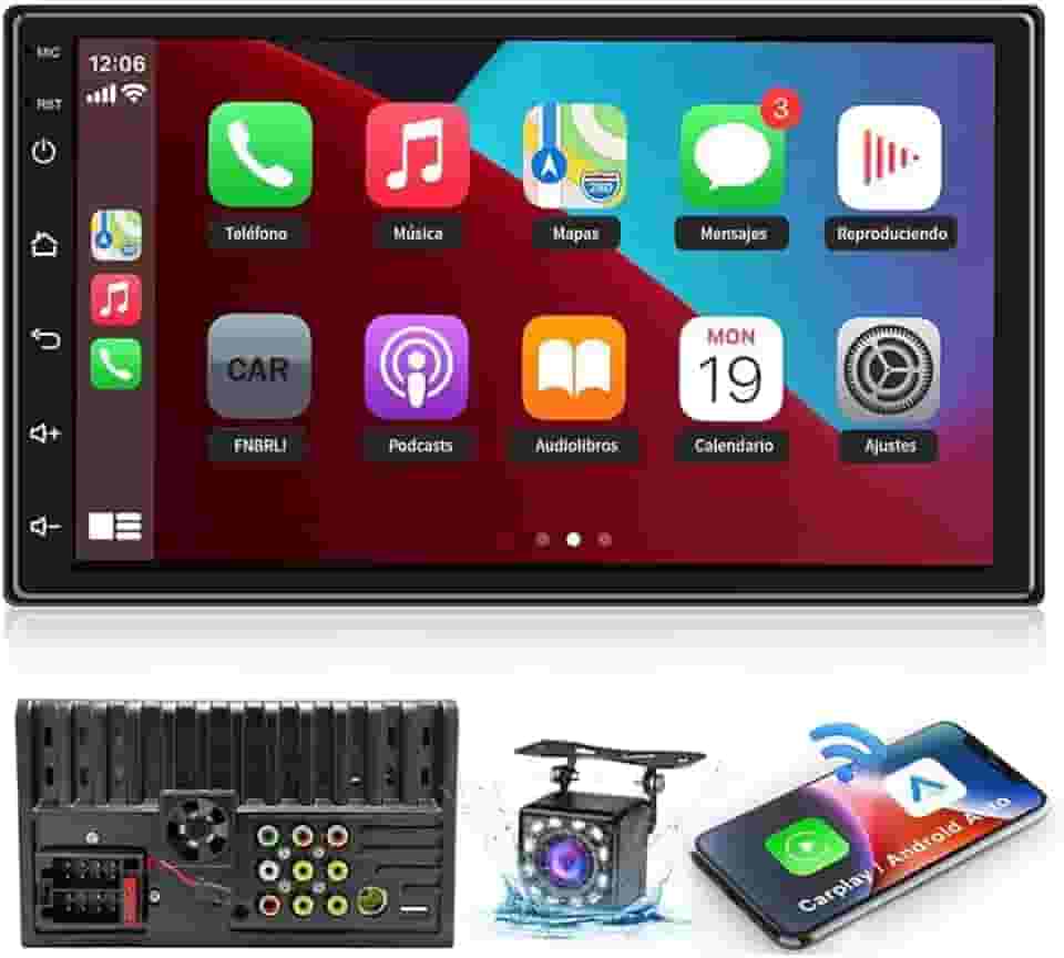 Automotivo Multimídia 7 Polegadas com Carplay, Bluetooth, Tela Sensível ao Toque HD, Câmera de Ré 170°- Compatível com Carros e Caminhões, Ideal para Motoristas que Buscam Segurança