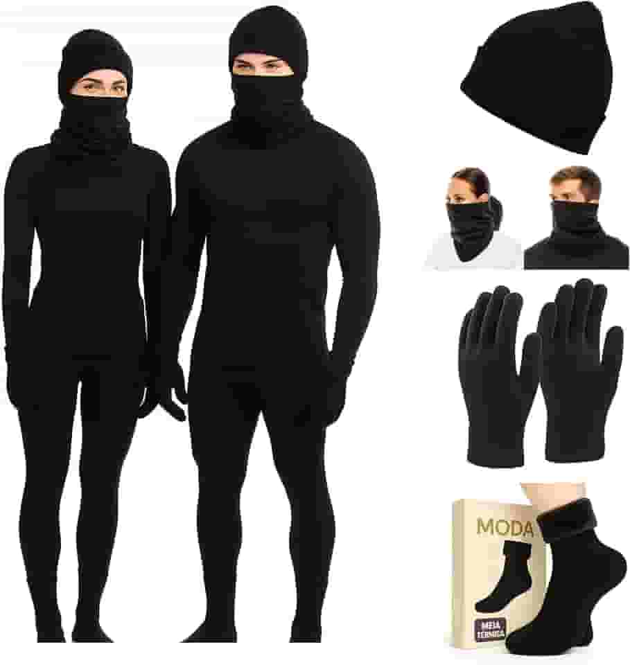 Conjunto Térmico Segunda Pele Unissex, 6 Peças, Blusa e Calça Flanelada, Gorro, Cachecol, Luvas Touch e Meias, Preto unisex