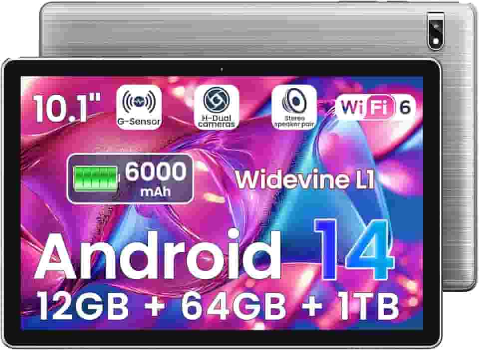 Tablet Android 14 de 10,1 polegadas, Octa-Core, 12 GB de RAM + 64 GB de ROM, expansão de 1 TB, câmera de 2 + 8 MP, BT5, tablets PC 2,4/5G WiFi 6,1080 IPS FHD, tablets presentes Android para homens e