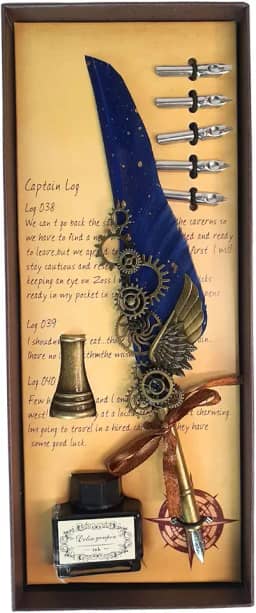 Kit Caneta Tinteiro Pena Engrenagem Azul