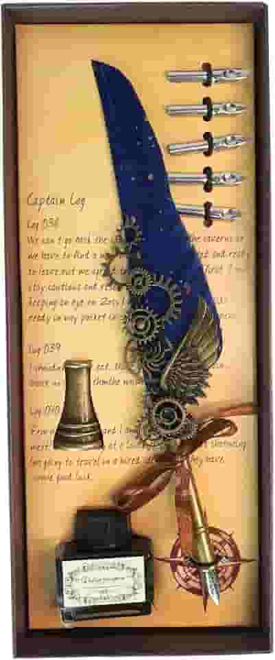 Kit Caneta Tinteiro Pena Engrenagem Azul