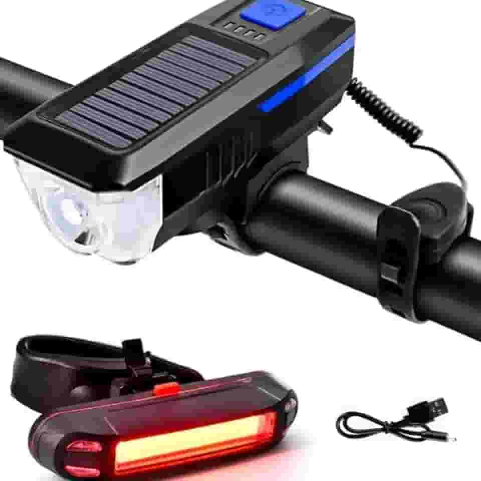 kit Lanterna Solar P/Bike Bicicleta com Buzina Potente Recarregável 3 modos de Luz + Sinalizador Traseiro Recarregável USB para Bicicleta -Vende Mais