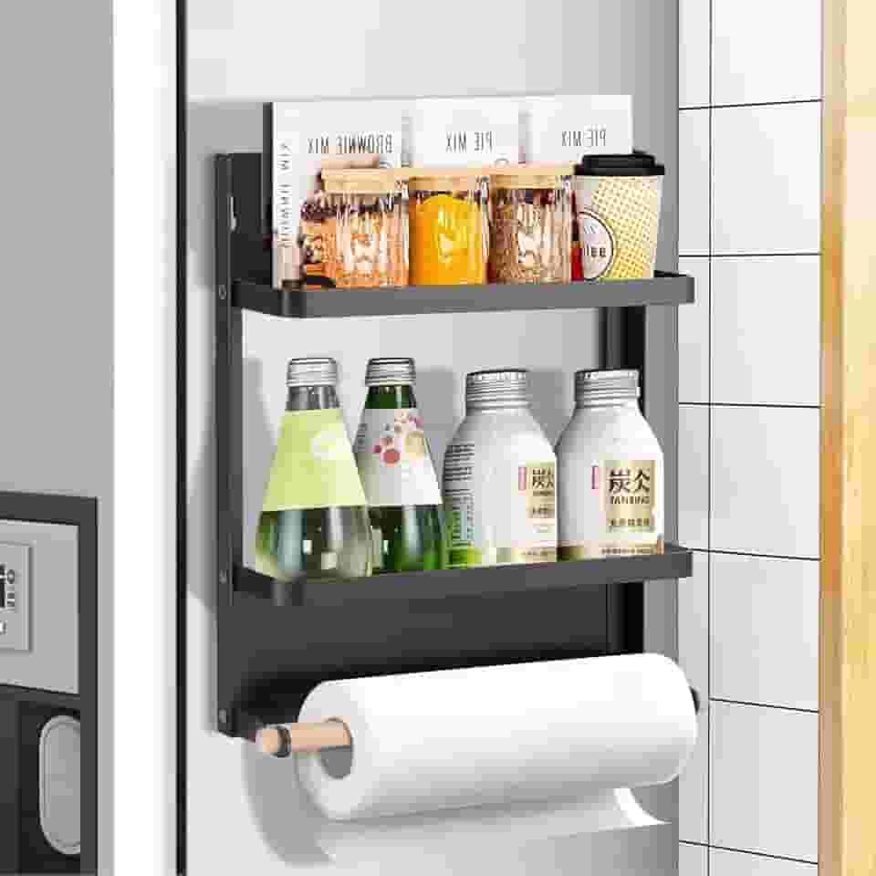 Suporte Organizador Magnético Porta-Temperos, Prateleira Magnética com Suporte de Toalha de Papel, Magnético para Temperos para Geladeira, Organizador de Ímã de Geladeiracom 2 Ganchos Móveis
