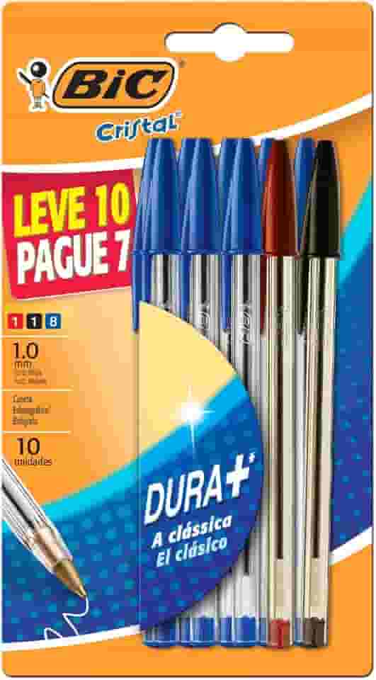 BIC, Caneta Esferográfica Escrita Média, Cristal Dura+, 3 Cores, Leve 10, Pague 7