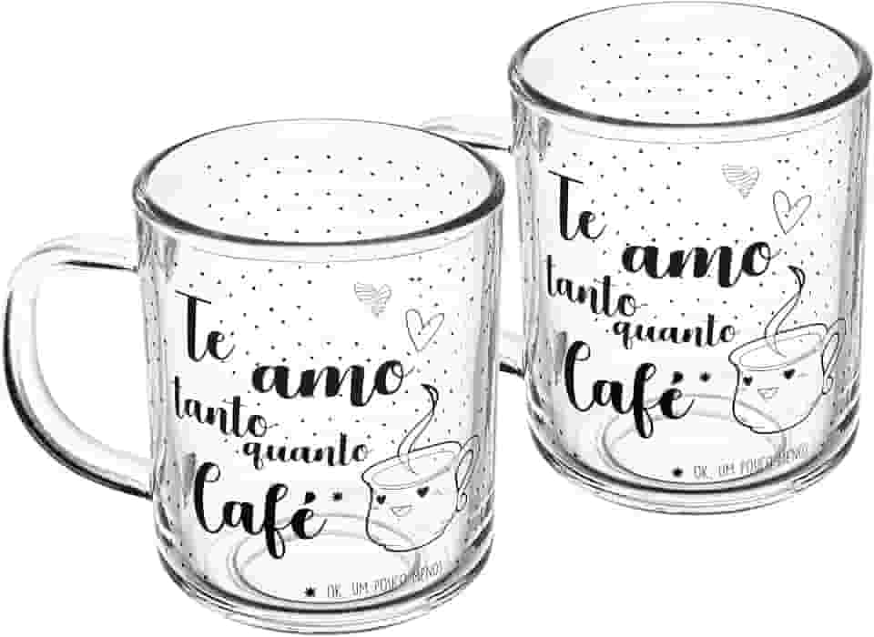 LYOR - Conjunto 2 Canecas em Vidro para Café com Frase ''Te Amo'' - Capacidade 220ml