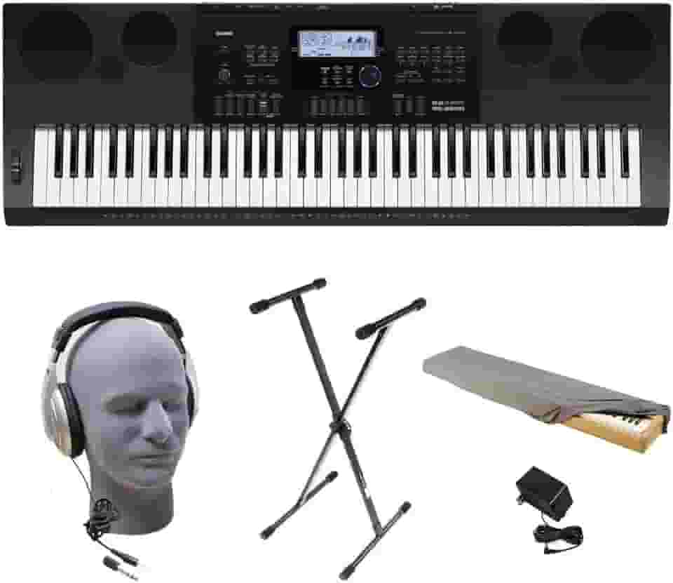 Casio Pacote de teclado premium WK-6600 PPK 76 teclas com suporte, adaptador de alimentação, capa contra poeira e fones de ouvido Samson HP30